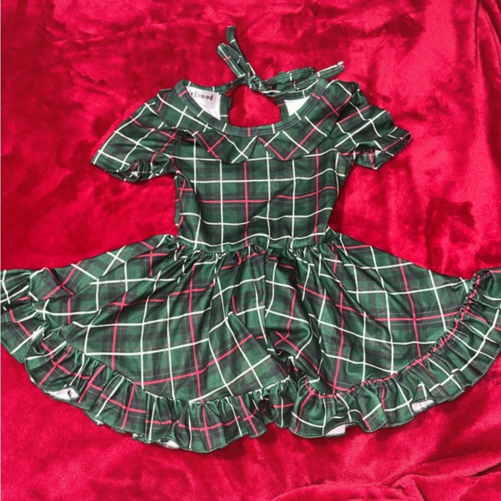 Girls Green Plaid Ruffle Holiday Dress